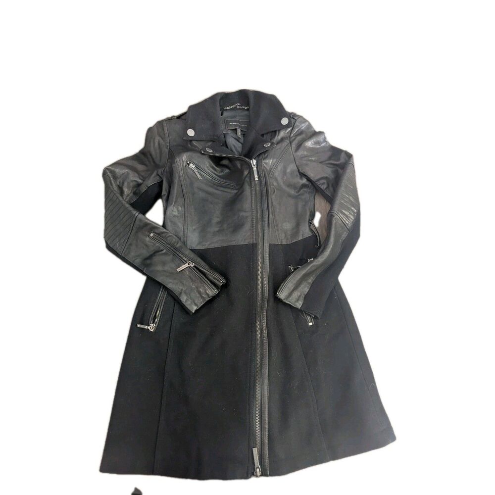 BCBGMAXAZRIA JOHNNA Black Leather and Wool Long Moto Jacket Size XS